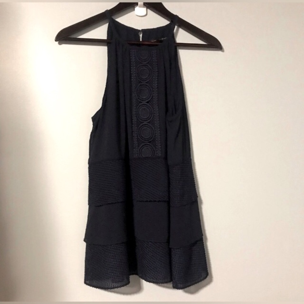 White House Black Market Halter Embroidery Layered Top Dark Blue   Medium